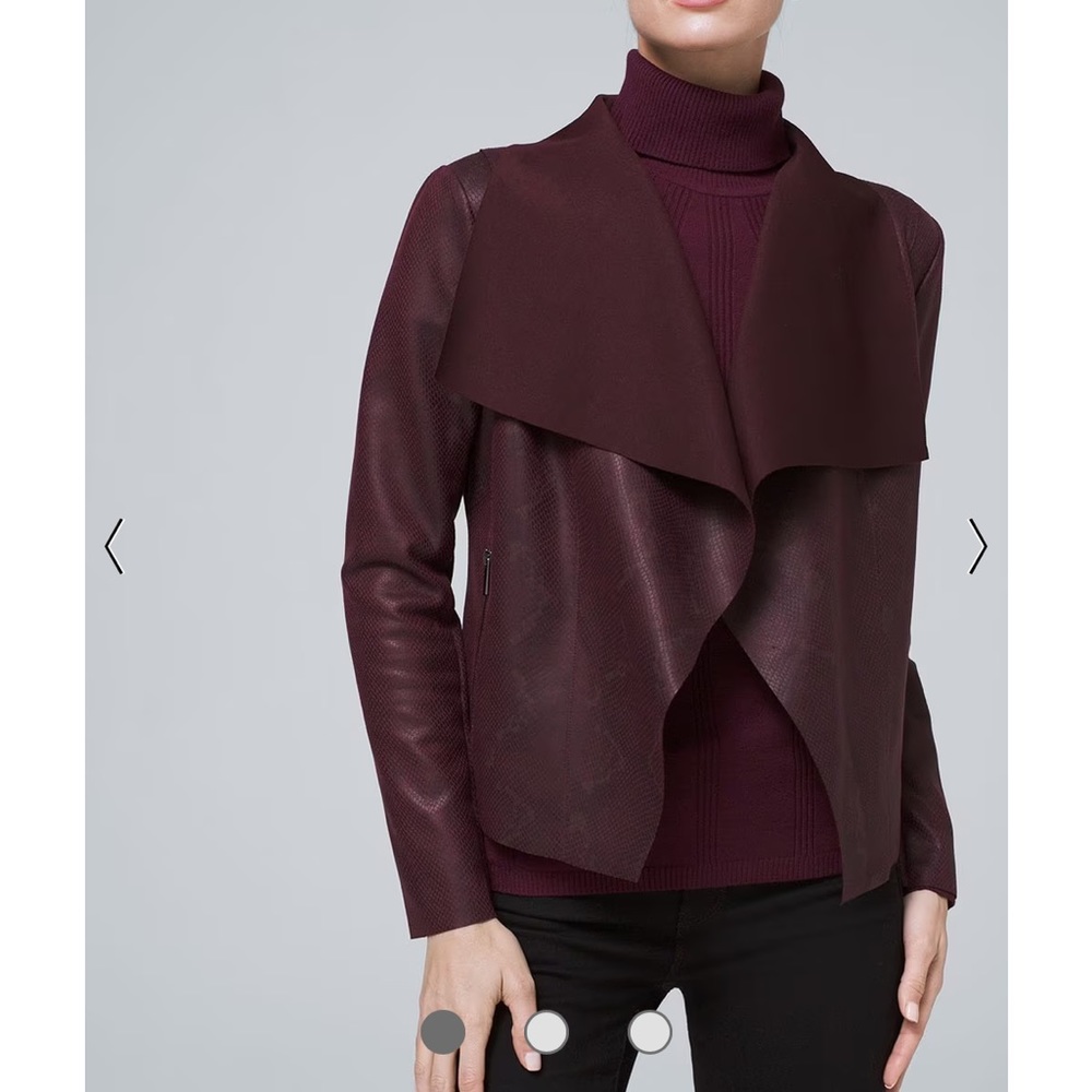 WHBM Cabernet snakeskin faux leather drape jacket.